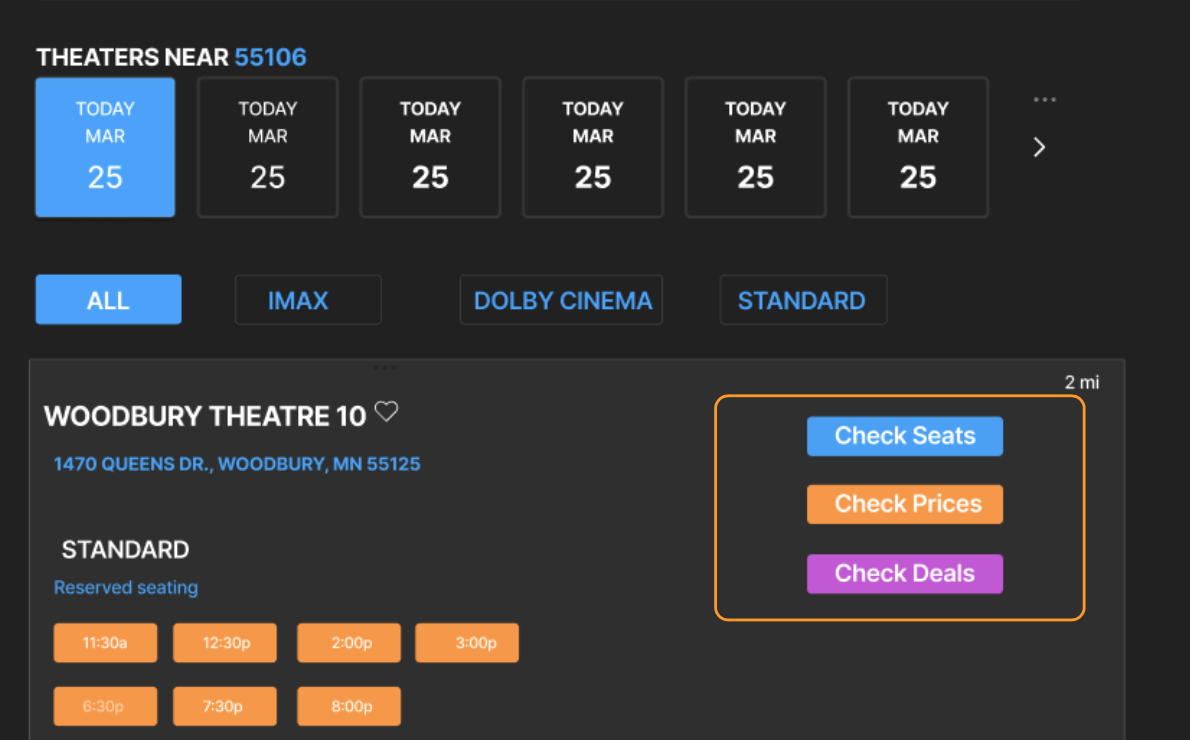 Theater page after redesign with Check Prices and Check Deals buttons