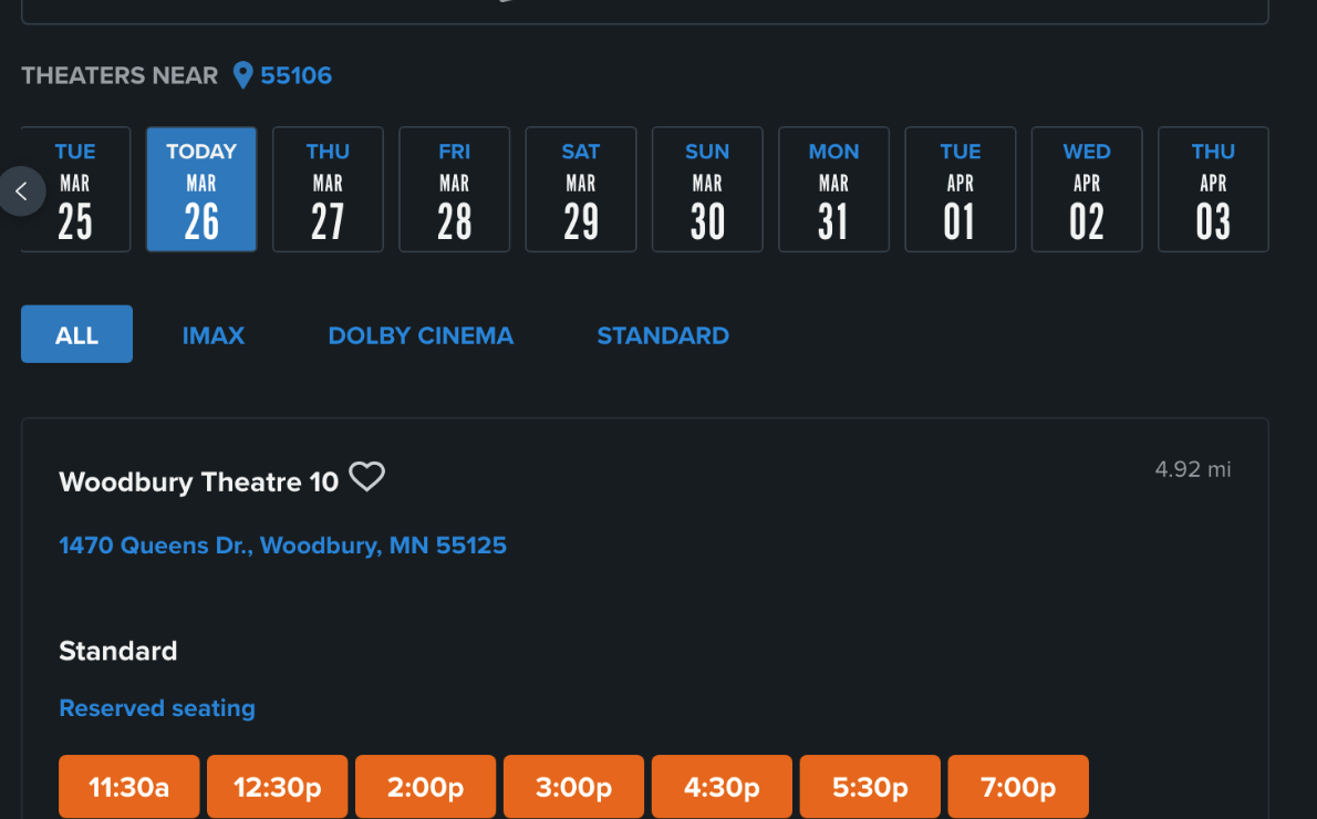 Theater page before redesign