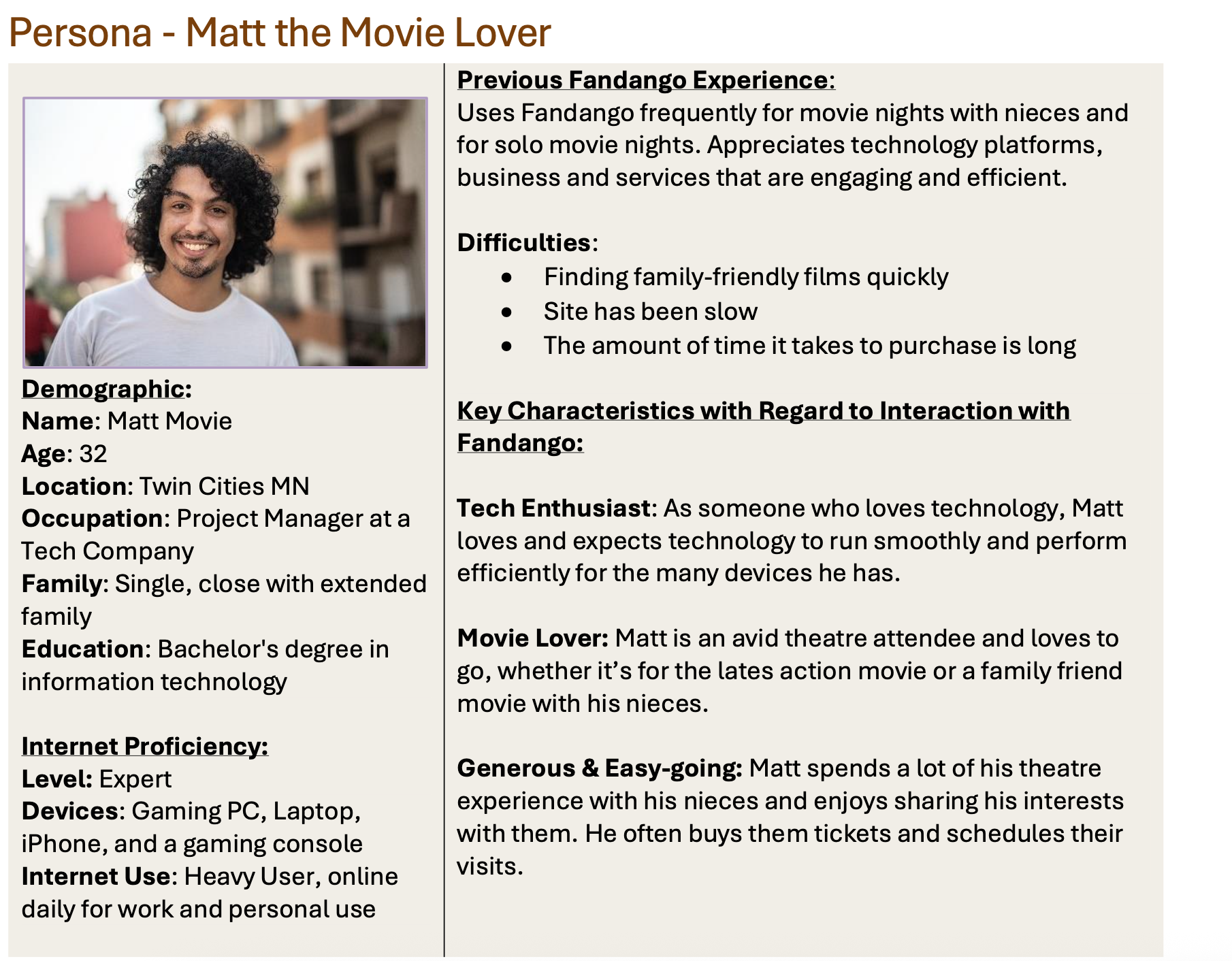 Fandango usability research persona document