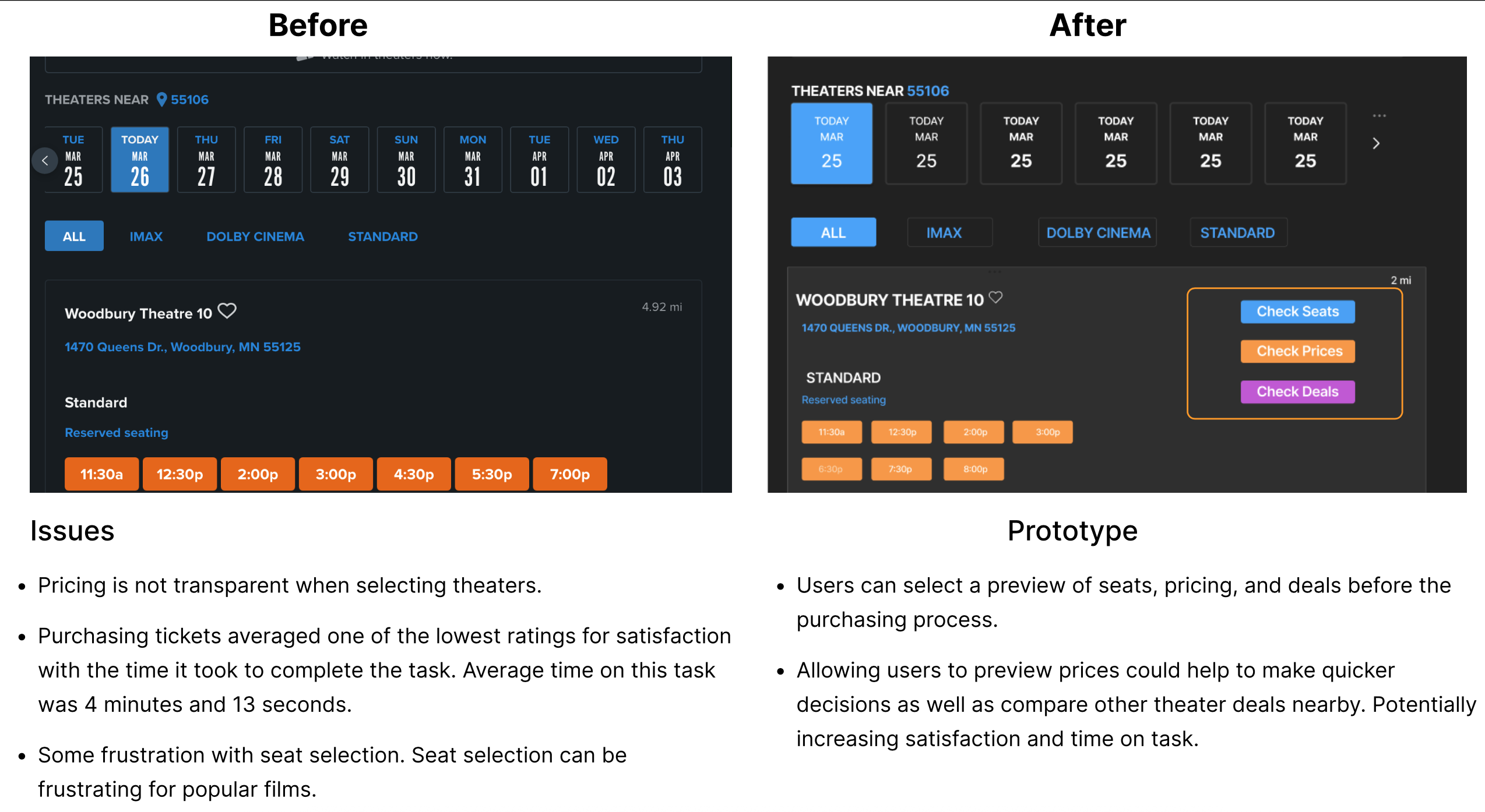 Fandango UX writing before and after prototypes